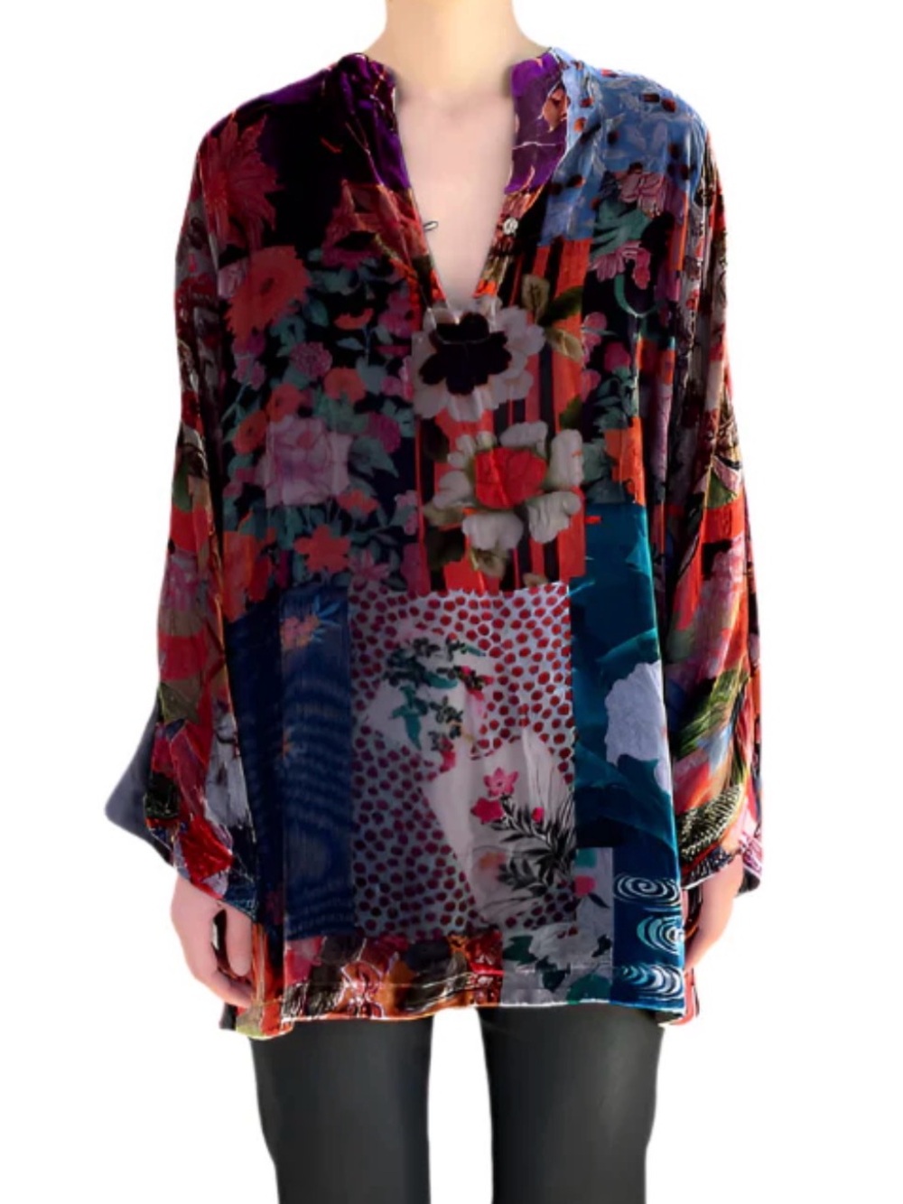 Johnny Was Velvet Grace Tessa Multicolor Floral Patchwork Tunic Top Silk-Rayon